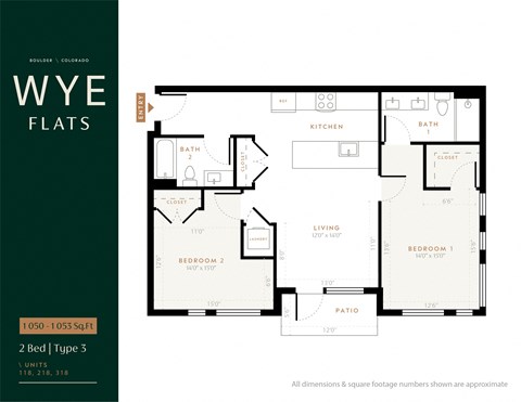 Floor plan for 2 beds, 2 baths, 1050 sqft